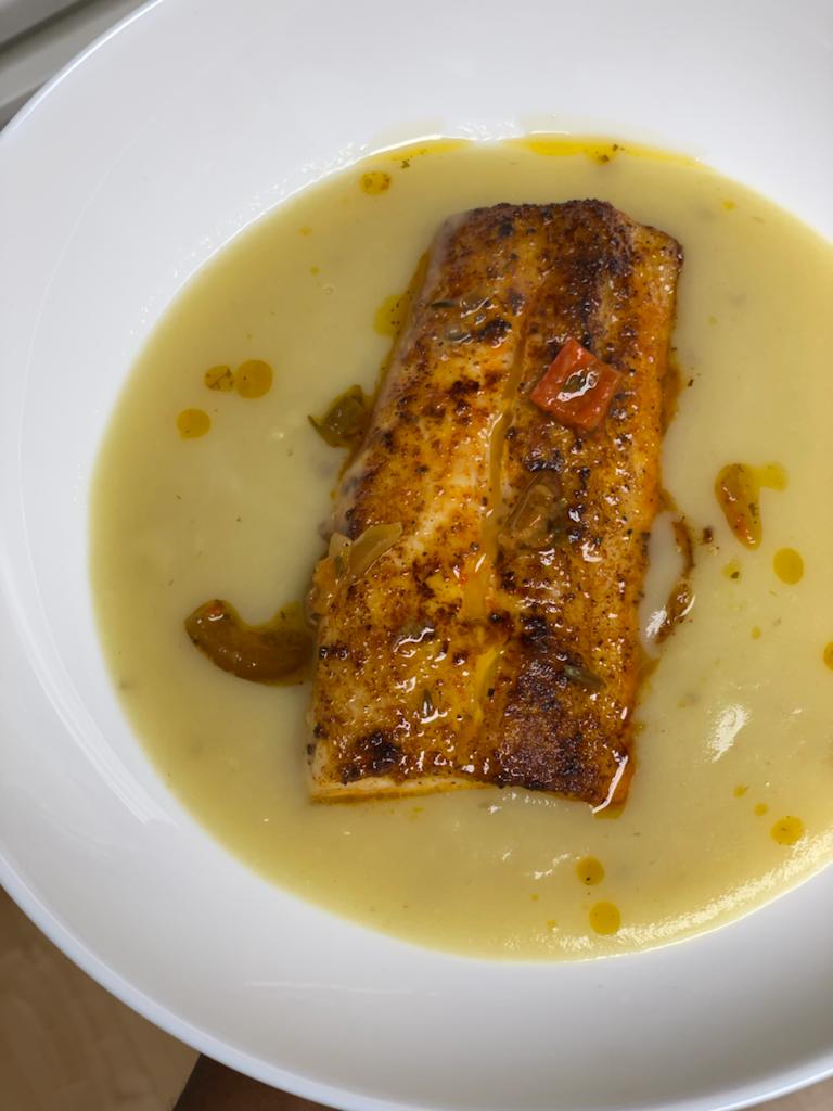 Creamy Potato Leek Soup with Pan Roasted Halibut