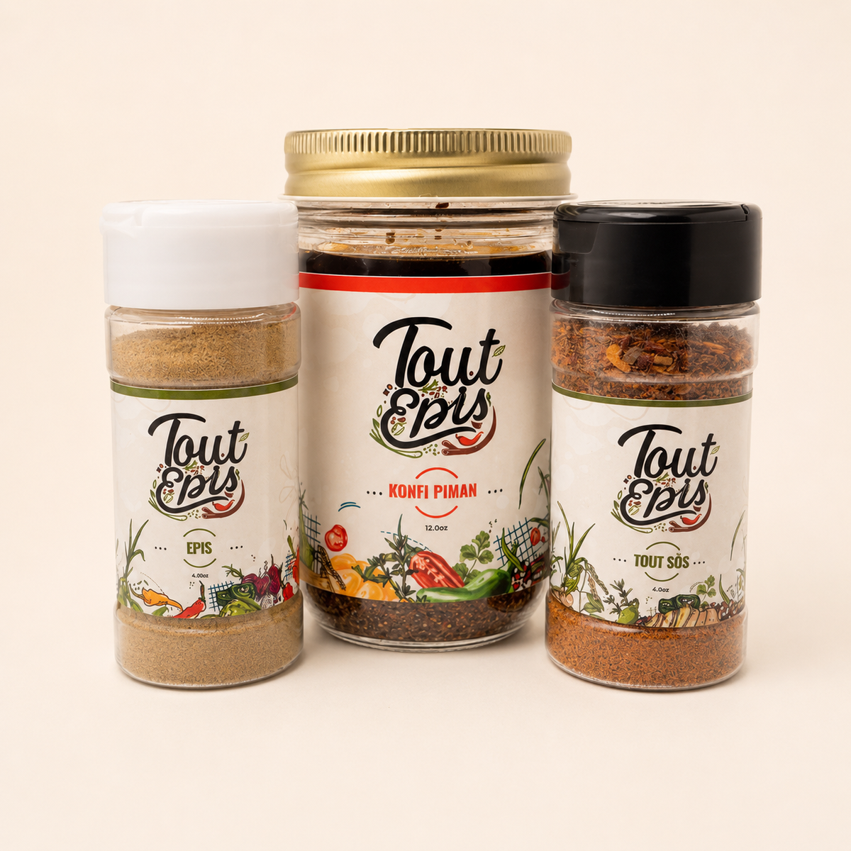 ToutEpis Essentials Trio with Epis seasoning, Konfi Piman, and Tout Sòs Haitian-inspired seasoning blend.
